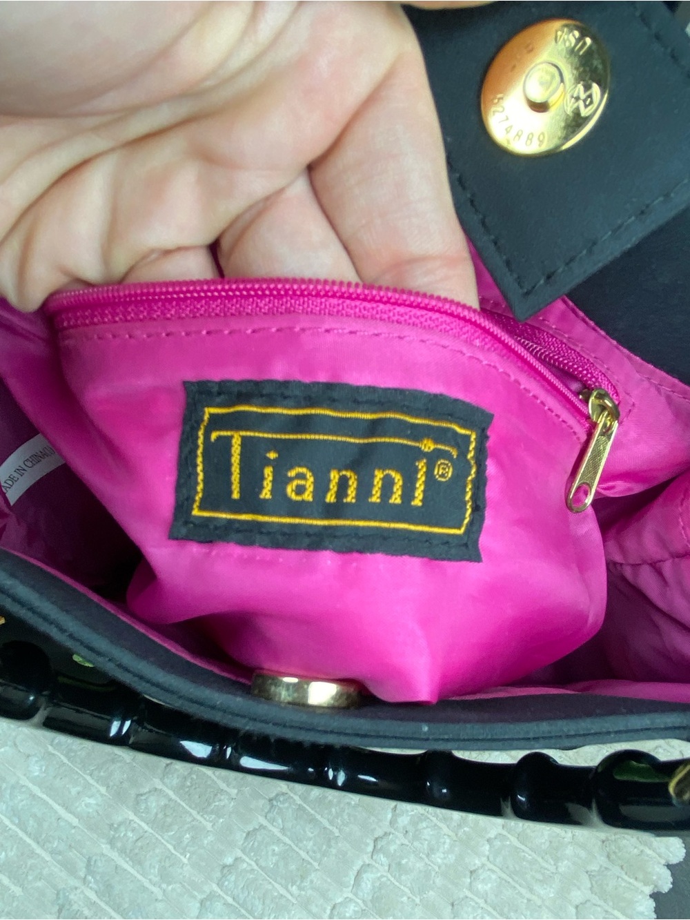 Vintage Y2K Tianni Handbag Black Nylon Bamboo Handle Retro Mod Embroidered - Picture 6 of 13